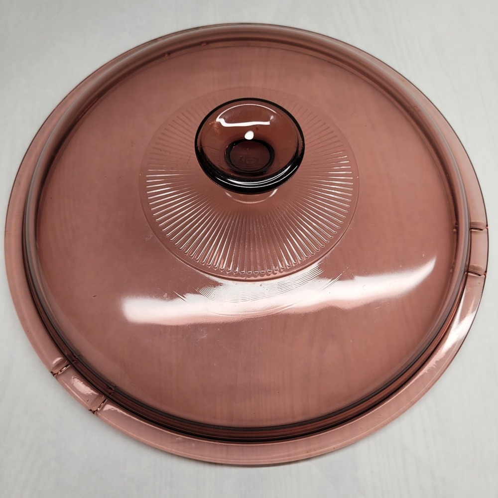 Pyrex Casserole Lid 12 Inch Cranberry Pink Glass V-12-C Ribbed Sunburst Knob